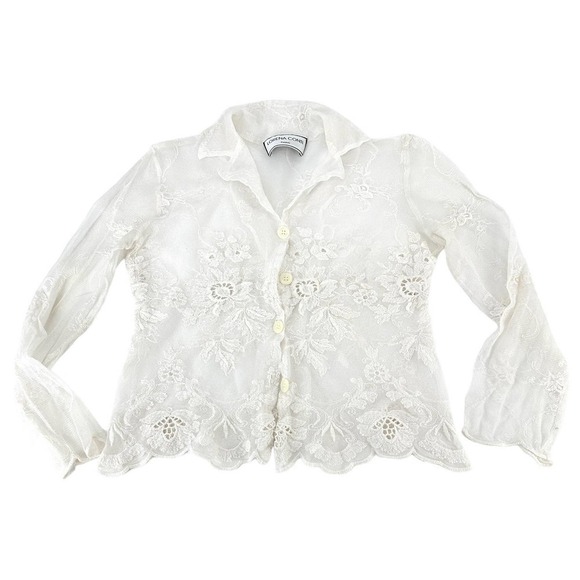 LORENA CONTI Womens Floral white mesh lace Blouse Top sheer Size small - Picture 2 of 10